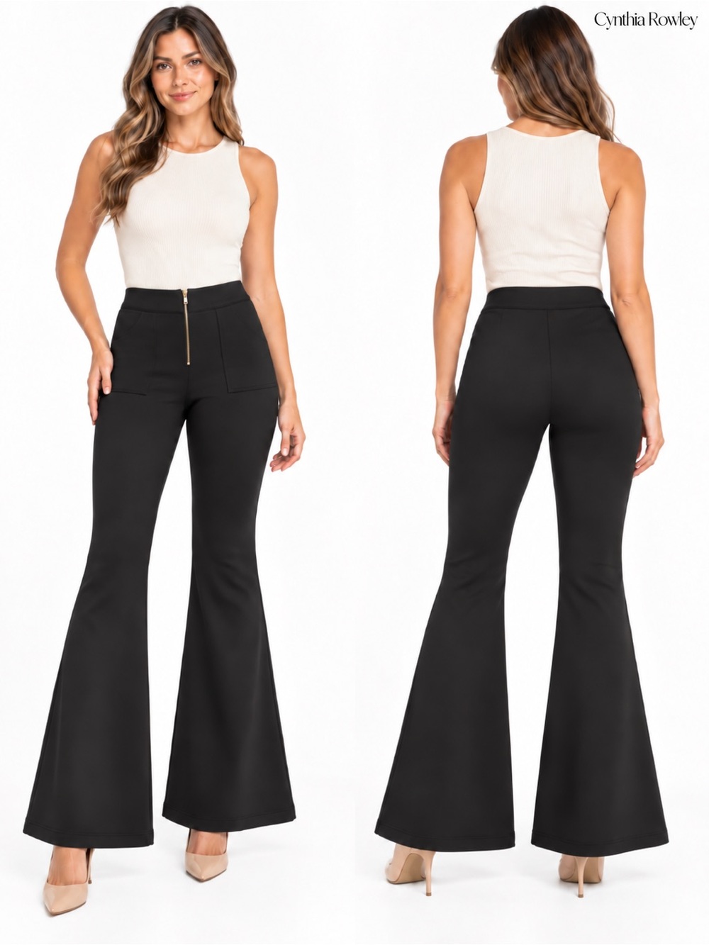 Cynthia Rowley Black Structured Stretch Flare Pants Size 10 Front Zip career